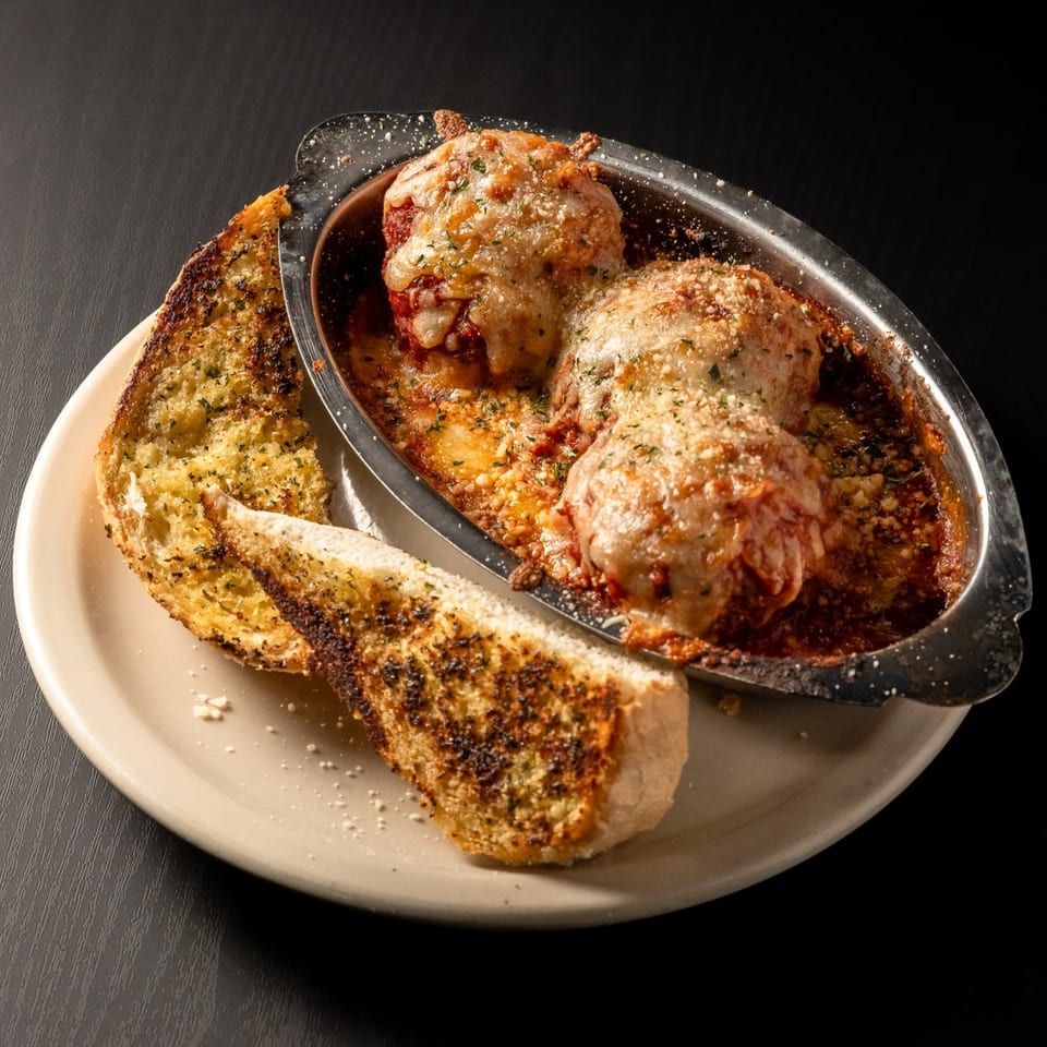 Baked meatballs in marinara sauce with melted cheese and two slices of garlic bread.