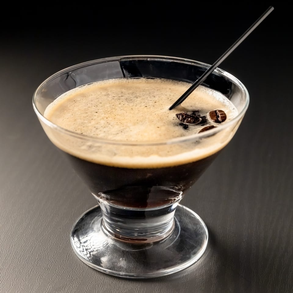 Espresso martini in a clear glass with coffee beans and a black straw on a dark surface.